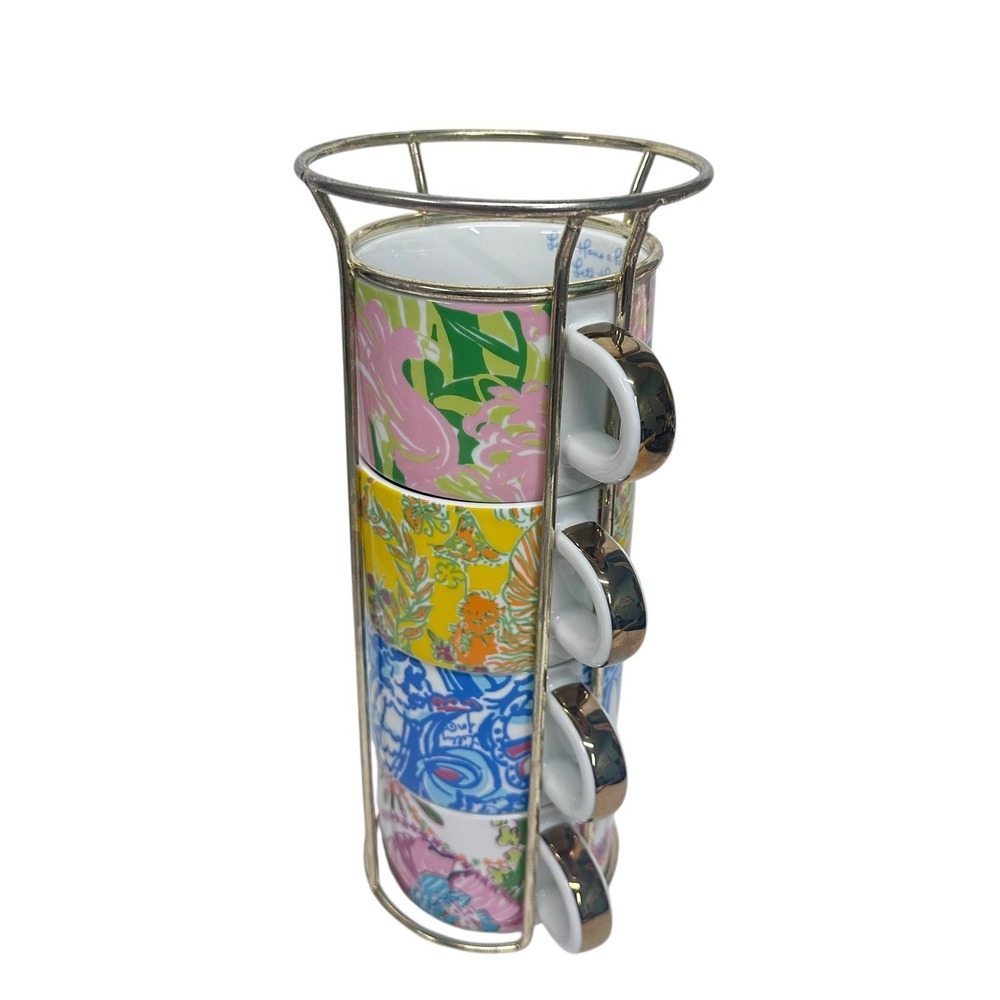 Lilly Pulitzer 4 Espresso Stacking Cup Mugs Set 8.8 oz Caddy Stand Floral Tea - Picture 2 of 5